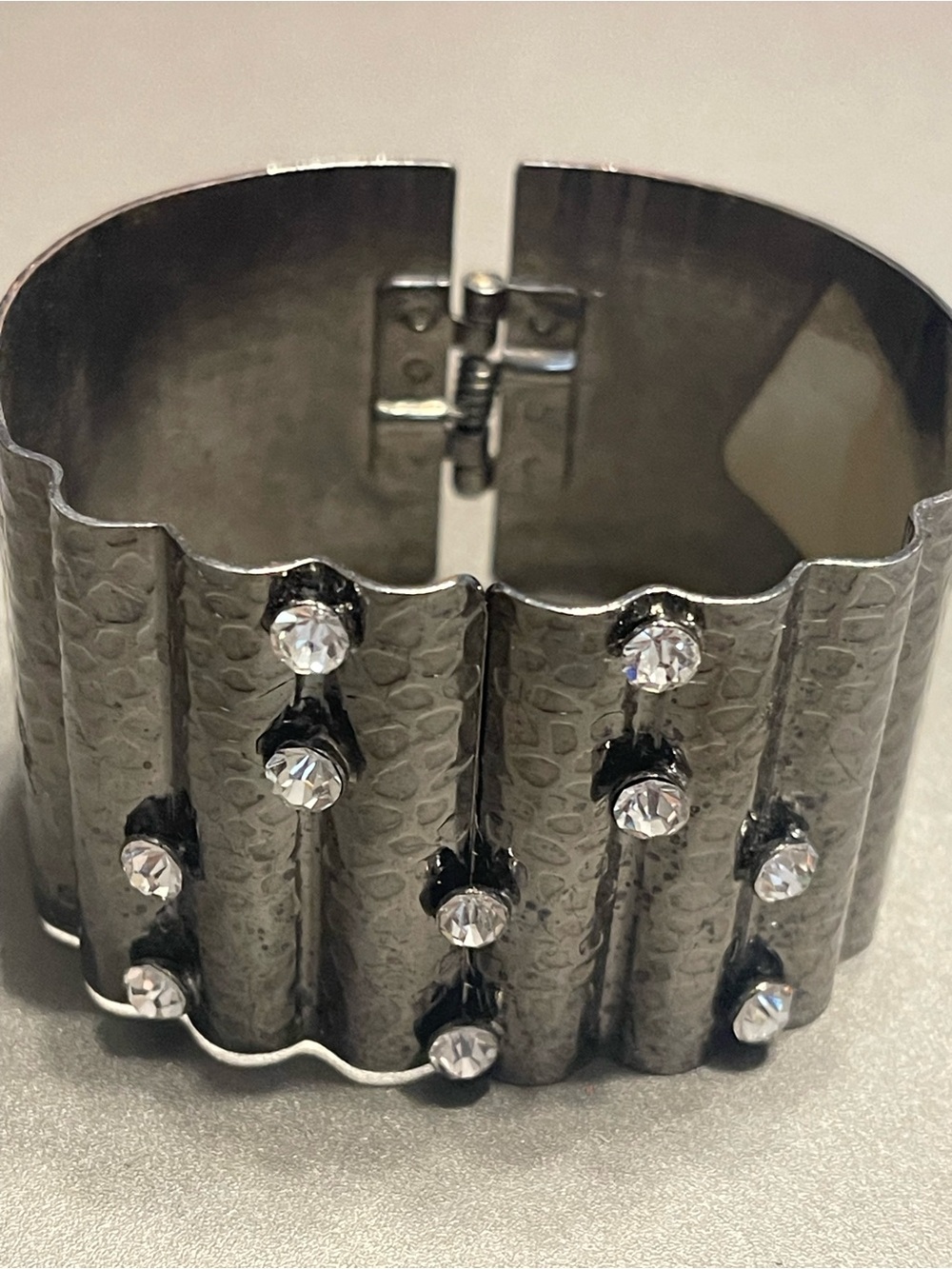 Textured Gunmetal Ribbed Cuff with Clear Crystal Accents